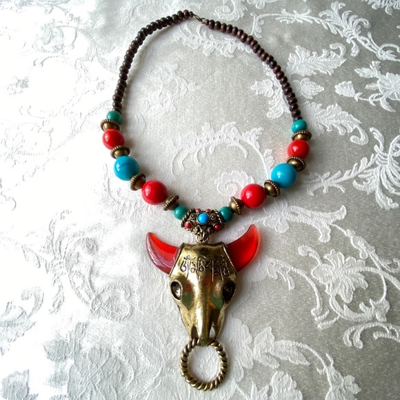 Tibetan Necklace Yak Head, Red Horns, Red and Turquoise Color Beads, Wood Beads - Picture 7 of 9
